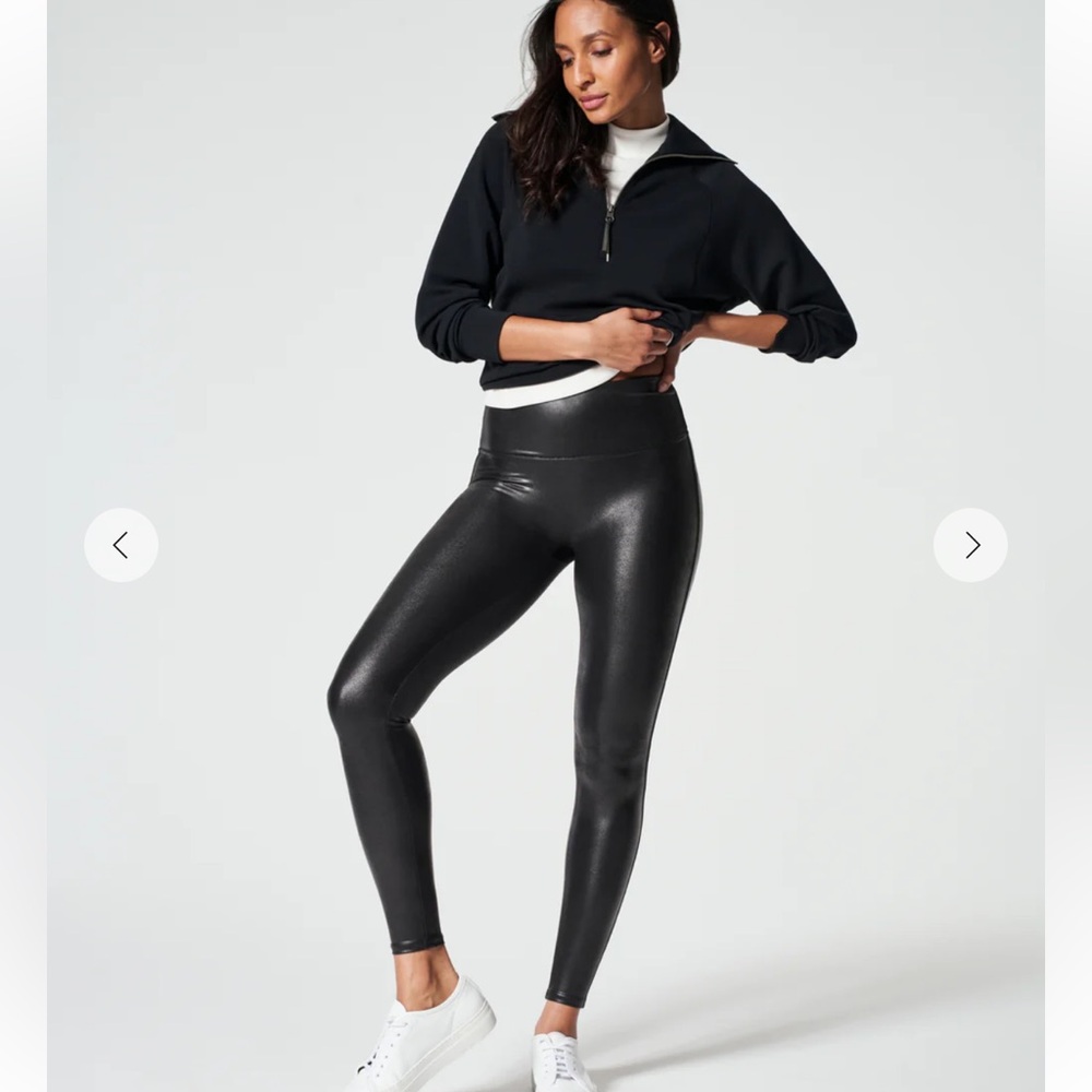 SPANX Fleece Lined Black Faux Leather Leggings Size Small